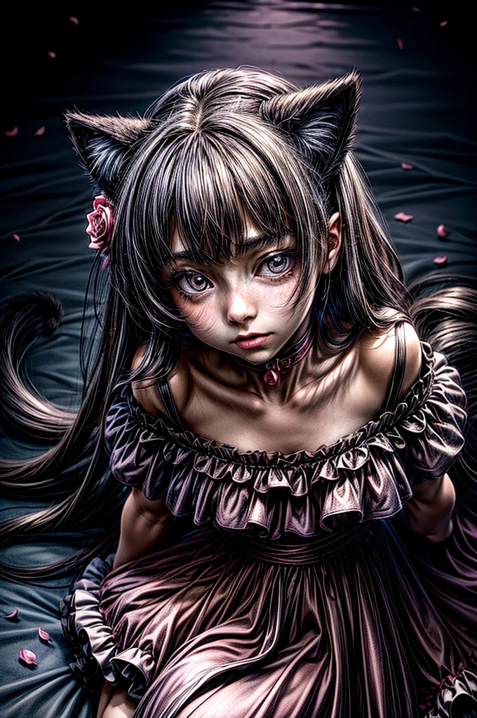 A young girl with cat ears and a tail, wearing a frilly dress, sits amidst scattered pink petals and roses. She holds a small flower in her hand, looking up at it with a curious expression. The background is a vibrant night sky filled with stars.