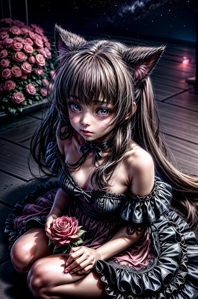 A young girl with cat ears and a tail, wearing a frilly dress, sits amidst scattered pink petals and roses. She holds a small flower in her hand, looking up at it with a curious expression. The background is a vibrant night sky filled with stars.