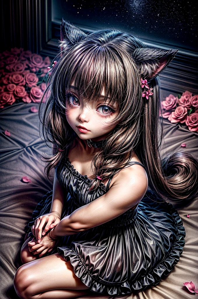 A young girl with cat ears and a tail, wearing a frilly dress, sits amidst scattered pink petals and roses. She holds a small flower in her hand, looking up at it with a curious expression. The background is a vibrant night sky filled with stars.