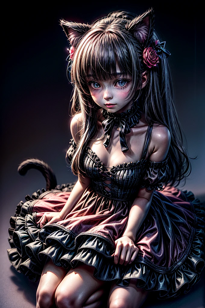 A young girl with cat ears and a tail, wearing a frilly dress, sits amidst scattered pink petals and roses. She holds a small flower in her hand, looking up at it with a curious expression. The background is a vibrant night sky filled with stars.