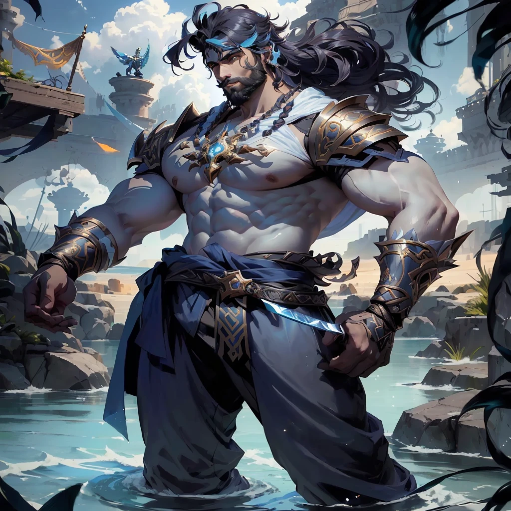 arafed image of a man with a sword and a beard standing in the water, handsome prince of persia, djinn human hybrid, trendin on artstation, greek god in mecha style, handsome guy in demon slayer art, rossdraws global illumination, rossdraws sakimimichan, :: rossdraws, wlop rossdraws, sylas
