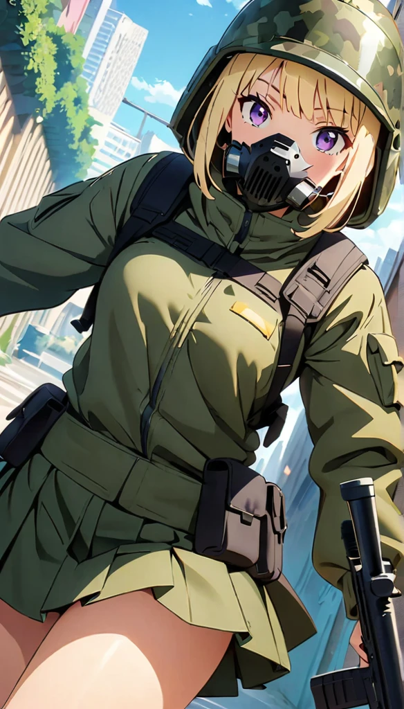 (anime artwork, anime style, studio anime, very detailed, up to date, vibrant, Anime Coloring, high contrast, masterpiece:1.2, best quality, best aesthetics),camouflage clothing,camouflage  helmet, pleated skirt, Medium chest, A glimpse of thighs,random hair, One eye is hidden by the bangs, perfect proportions, high detail skin, Cute, detailed faces, random sexy pose, precise fingers,panty shot Girl shooting automatic rifle, (muzzle explodes:1.2), (looks into sight), finely drawn automatic rifle, bulletproof suit, (turn towards the viewer), syncs body orientation and gaze, dynamic angle, battle, war,Hide in Obstruction