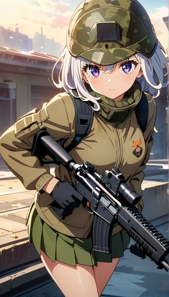 (anime artwork, anime style, studio anime, very detailed, up to date, vibrant, Anime Coloring, high contrast, masterpiece:1.2, best quality, best aesthetics),camouflage clothing,camouflage helmet, pleated skirt, Medium chest, A glimpse of thighs,random hair, One eye is hidden by the bangs, perfect proportions, high detail skin, Cute, detailed faces, random sexy pose, precise fingers,panty shot Girl shooting automatic rifle, (muzzle explodes:1.2), (looks into sight), finely drawn automatic rifle, bulletproof suit, (turn towards the viewer), syncs body orientation and gaze, dynamic angle, battle, war,Hide in Obstruction