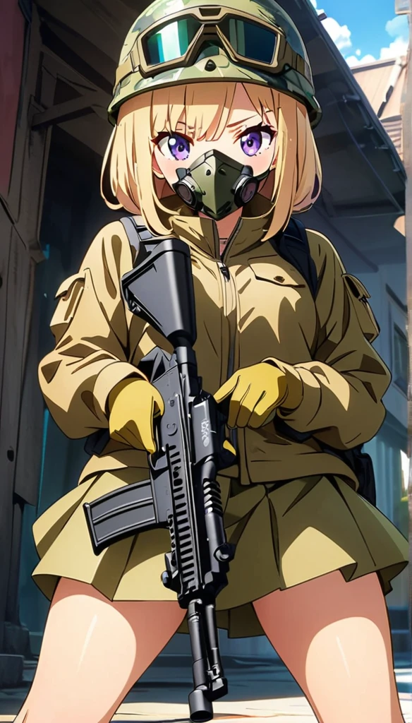 (anime artwork, anime style, studio anime, very detailed, up to date, vibrant, Anime Coloring, high contrast, masterpiece:1.2, best quality, best aesthetics),camouflage clothing,camouflage helmet, pleated skirt, Medium chest, A glimpse of thighs,random hair, One eye is hidden by the bangs, perfect proportions, high detail skin, Cute, detailed faces, random sexy pose, precise fingers,panty shot Girl shooting automatic rifle, (muzzle explodes:1.2), (looks into sight), finely drawn automatic rifle, bulletproof suit, (turn towards the viewer), syncs body orientation and gaze, dynamic angle, battle, war,Hide in Obstruction