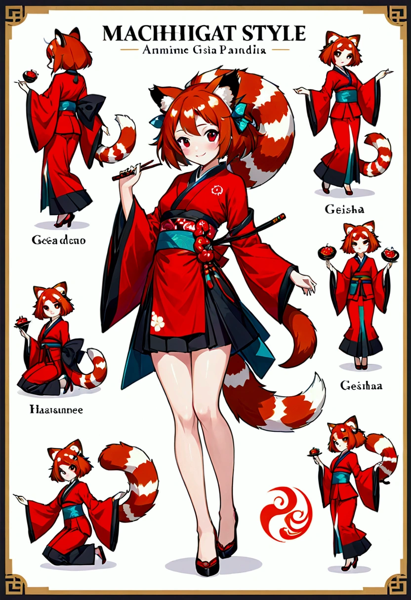 various positions, character sheet, beautiful WOMAN HALF RED PANDA EASTERN GEISHA STYLE, with geisha outfit, with red panda ears and tail, full body, long hair, with a sensual smile, with a not so short skirt, use as an example Sanjouno Haruhime from the anime Dungeon ni Deai o Motomeru no wa Machigatte, anime style