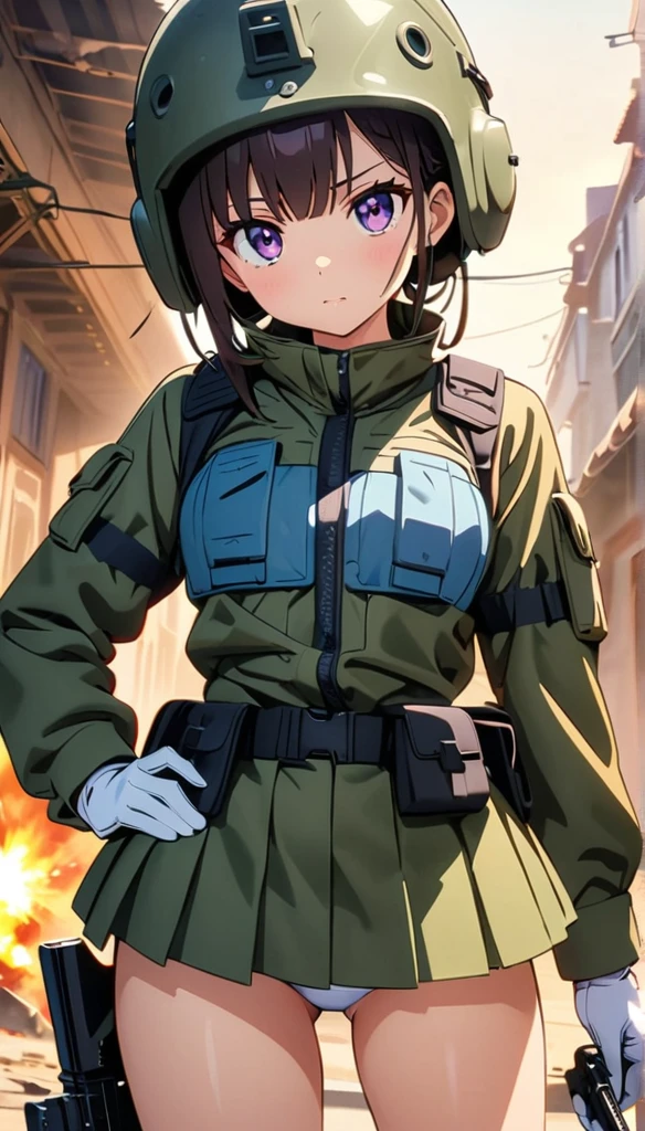 (anime artwork, anime style, studio anime, very detailed, up to date, vibrant, Anime Coloring, high contrast, masterpiece:1.2, best quality, best aesthetics),camouflage clothing,camouflage helmet, pleated skirt, Medium chest, A glimpse of thighs,random hair, One eye is hidden by the bangs, perfect proportions, high detail skin, Cute, detailed faces, random sexy pose, precise fingers,panty shot Girl shooting automatic rifle, (muzzle explodes:1.2), (looks into sight), finely drawn automatic rifle, bulletproof suit, (turn towards the viewer), syncs body orientation and gaze, dynamic angle, battle, war,Hide in Obstruction