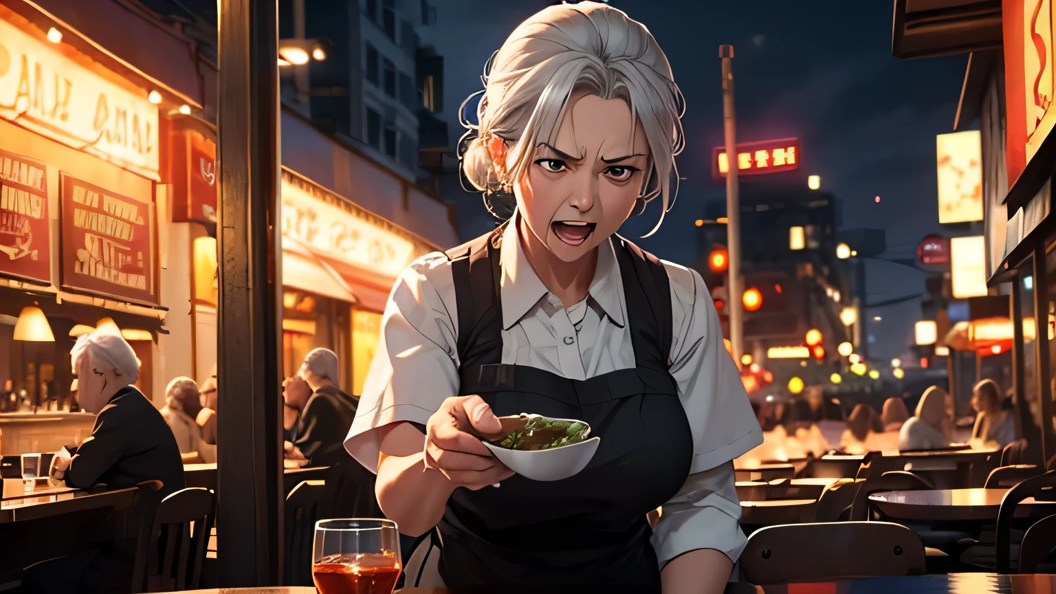 elderly waitress, 50 years old, gray hair, angry, screaming, restaurant, night, realistic, photorealistic, 8k, highres, masterpiece, ultra-detailed, sharp focus, physically-based rendering, vivid colors, dramatic lighting