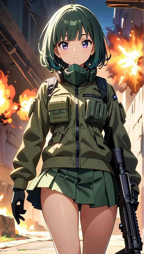 (anime artwork, anime style, studio anime, very detailed, up to date, vibrant, Anime Coloring, high contrast, masterpiece:1.2, best quality, best aesthetics),camouflage clothing,camouflage helmet, pleated skirt, Medium chest, A glimpse of thighs,random hair, One eye is hidden by the bangs, perfect proportions, high detail skin, Cute, detailed faces, random sexy pose, precise fingers,panty shot Girl shooting automatic rifle, (muzzle explodes:1.2), (looks into sight), finely drawn automatic rifle, bulletproof suit, (turn towards the viewer), syncs body orientation and gaze, dynamic angle, battle, war,Hide in Obstruction