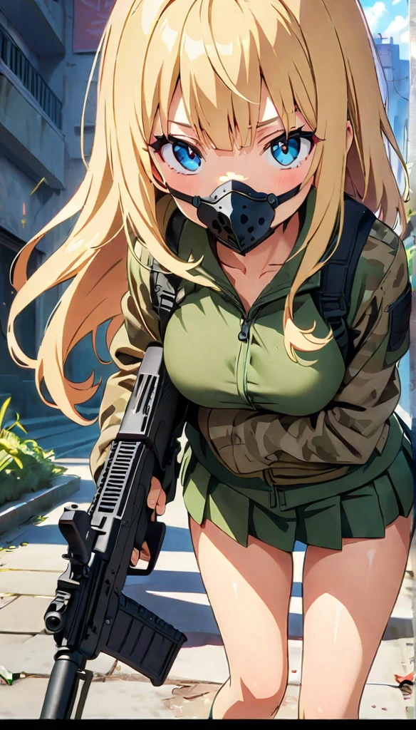(anime artwork, anime style, studio anime, very detailed, up to date, vibrant, Anime Coloring, high contrast, masterpiece:1.2, best quality, best aesthetics),camouflage clothing,camouflage  helmet, pleated skirt, Medium chest, A glimpse of thighs,random hair, One eye is hidden by the bangs, perfect proportions, high detail skin, Cute, detailed faces, random sexy pose, precise fingers,panty shot Girl shooting automatic rifle, (muzzle explodes:1.2), (looks into sight), finely drawn automatic rifle, bulletproof suit, (turn towards the viewer), syncs body orientation and gaze, dynamic angle, battle, war,Hide in Obstruction