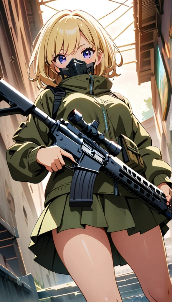 (anime artwork, anime style, studio anime, very detailed, up to date, vibrant, Anime Coloring, high contrast, masterpiece:1.2, best quality, best aesthetics),camouflage clothing,camouflage  helmet, pleated skirt, Medium chest, A glimpse of thighs,random hair, One eye is hidden by the bangs, perfect proportions, high detail skin, Cute, detailed faces, random sexy pose, precise fingers,panty shot Girl shooting automatic rifle, (muzzle explodes:1.2), (looks into sight), finely drawn automatic rifle, bulletproof suit, (turn towards the viewer), syncs body orientation and gaze, dynamic angle, battle, war,Hide in Obstruction