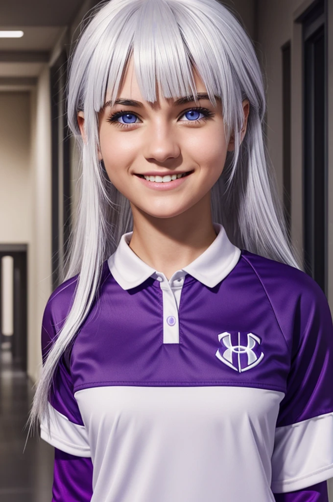 Screenshot of my hero academy. girl with straight white hair with bangs has phosphorescent purple eyes has a happy expression and is wearing the UA uniform, It is in the halls of the UA