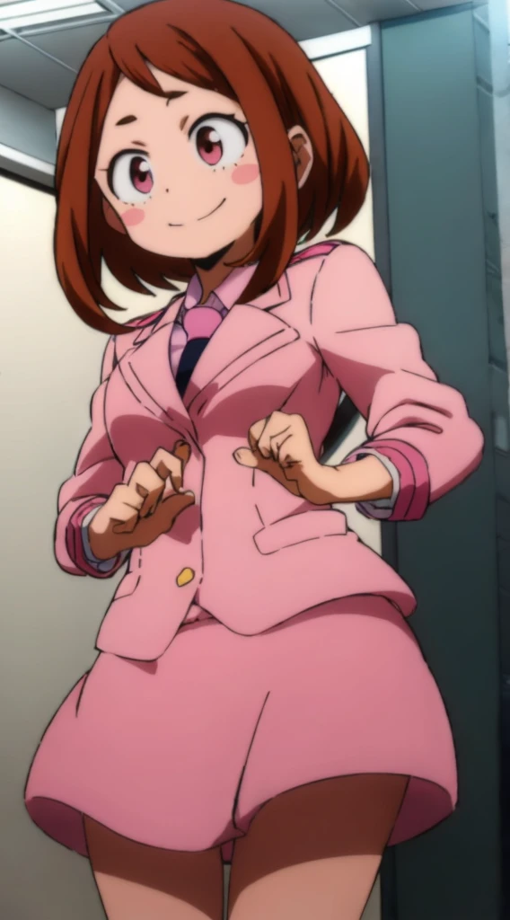 ochaco_uraraka, 1girl, solo, pink skirt suit, necktie, blush_stickers, pink pencil skirt, smile, pink blazer, long sleeves, white_shirt, blush, standing, indoors, office, full_body, high_heels (en bikini)
