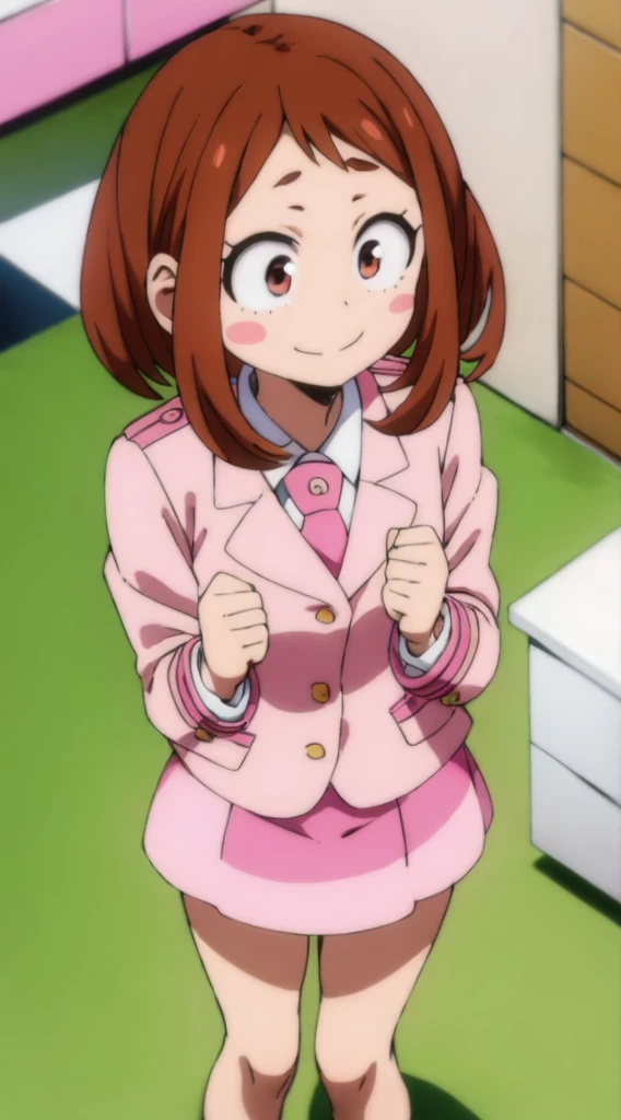 ochaco_uraraka, 1girl, solo, pink skirt suit, necktie, blush_stickers, pink pencil skirt, smile, pink blazer, long sleeves, white_shirt, blush, standing, indoors, office, full_body, high_heels (en bikini)