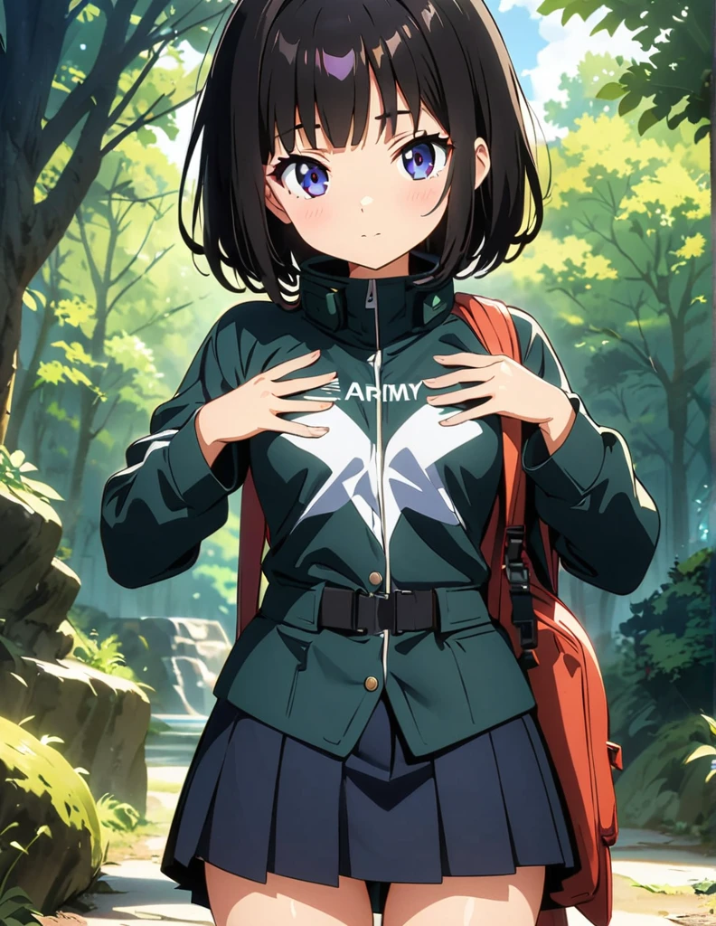 (anime artwork, anime style, studio anime, very detailed, up to date, vibrant, Anime Coloring, high contrast, masterpiece:1.2, best quality, best aesthetics),army suit, pleated skirt, Medium chest, A glimpse of thighs,random hair, One eye is hidden by the bangs, perfect proportions, high detail skin, Cute, detailed faces,forest, precise fingers,panty shot ,roll over,supine pose
