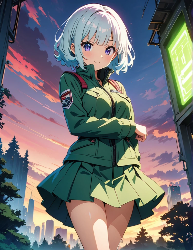 (anime artwork, anime style, studio anime, very detailed, up to date, vibrant, Anime Coloring, high contrast, masterpiece:1.2, best quality, best aesthetics),army suit, pleated skirt, Medium chest, A glimpse of thighs,random hair, One eye is hidden by the bangs, perfect proportions, high detail skin, Cute, detailed faces,forest, precise fingers,panty shot ,roll over,supine pose