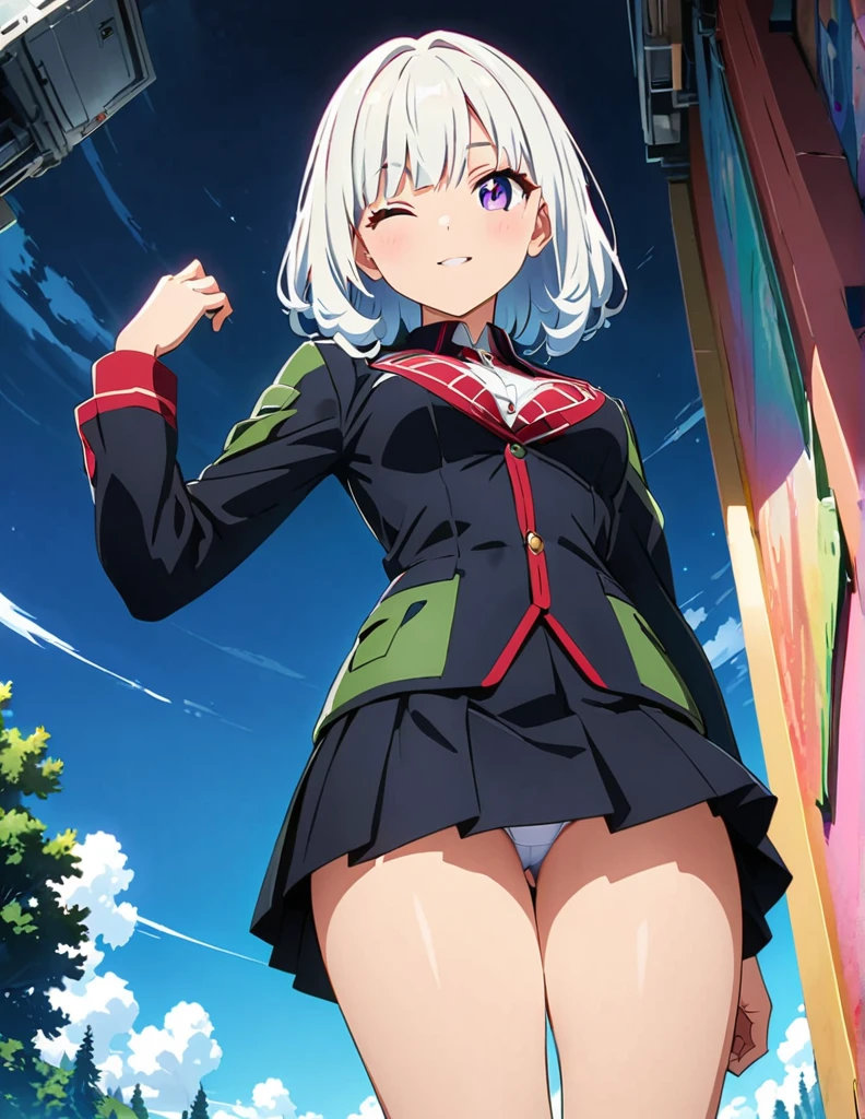 (anime artwork, anime style, studio anime, very detailed, up to date, vibrant, Anime Coloring, high contrast, masterpiece:1.2, best quality, best aesthetics),army suit, pleated skirt, Medium chest, A glimpse of thighs,random hair, One eye is hidden by the bangs, perfect proportions, high detail skin, Cute, detailed faces,forest, precise fingers,panty shot ,roll over,supine pose