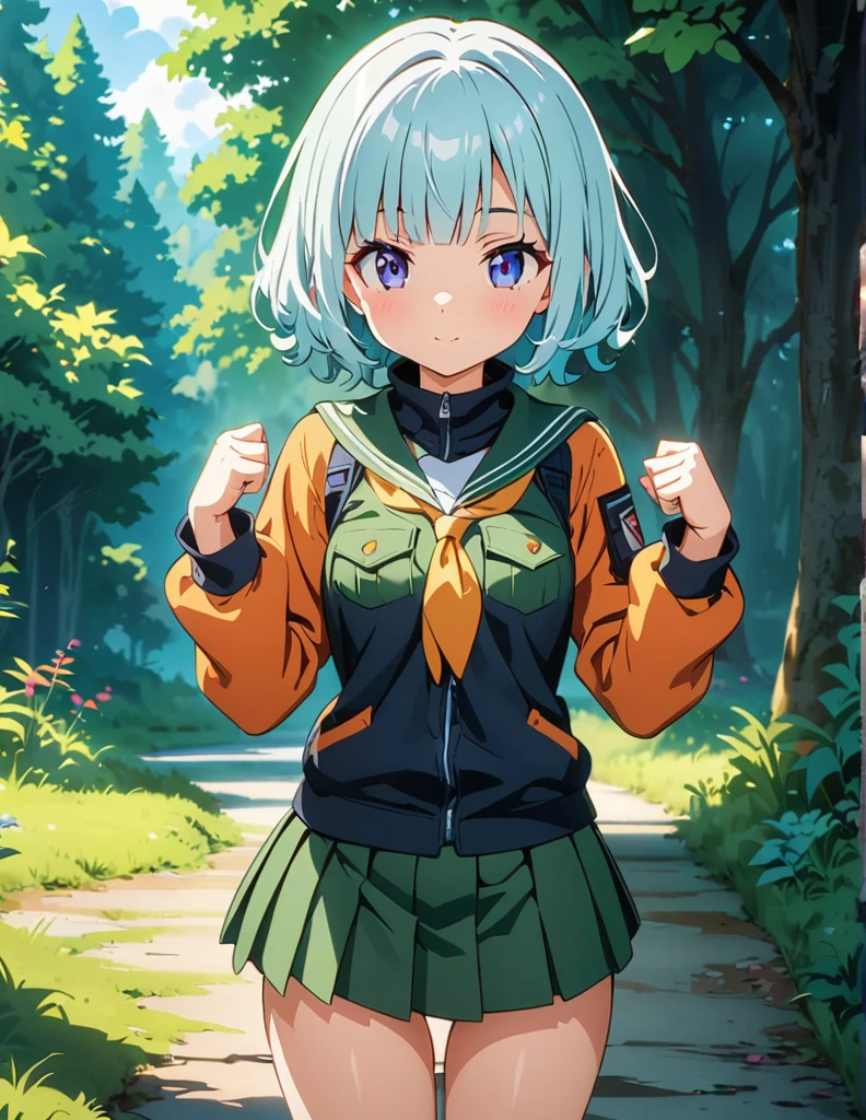 (anime artwork, anime style, studio anime, very detailed, up to date, vibrant, Anime Coloring, high contrast, masterpiece:1.2, best quality, best aesthetics),army suit, pleated skirt, Medium chest, A glimpse of thighs,random hair, One eye is hidden by the bangs, perfect proportions, high detail skin, Cute, detailed faces,forest, precise fingers,panty shot ,roll over,supine pose