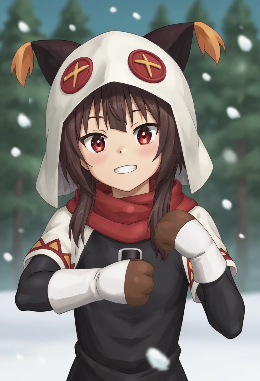 score_8_up, score_7_up, score_6_up, score_5_up, score_4_up, anime screencap,
1girl, solo, megumin, white parka, short hair, brown hair, red eyes, (black bodysuit:0.8), red scarf, white hood, brown mittens,
nyantcha,
forest, snow, upper body, looking at viewer,adult