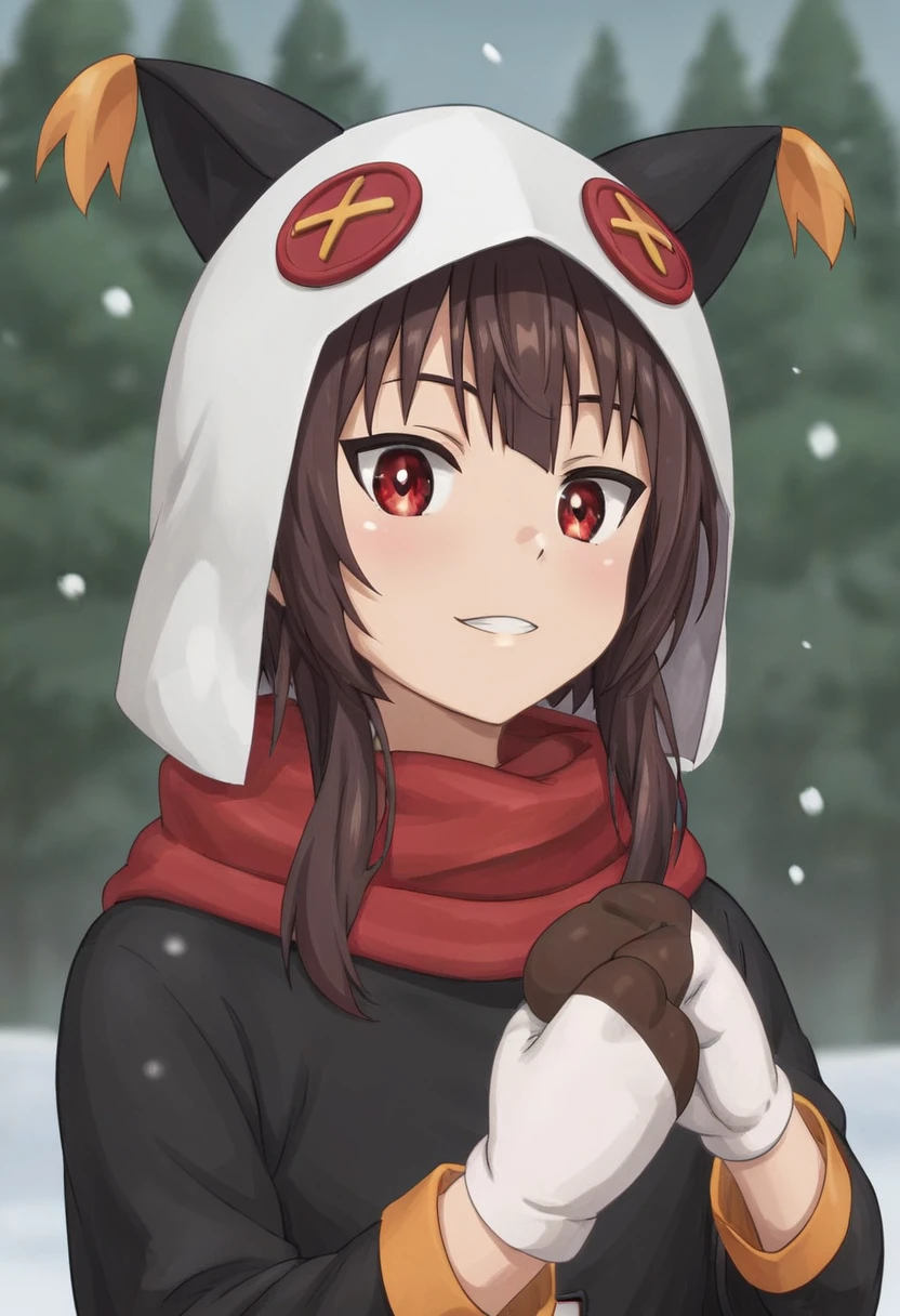 score_8_up, score_7_up, score_6_up, score_5_up, score_4_up, anime screencap,
1girl, solo, megumin, white parka, short hair, brown hair, red eyes, (black bodysuit:0.8), red scarf, white hood, brown mittens,
nyantcha,
forest, snow, upper body, looking at viewer,adult