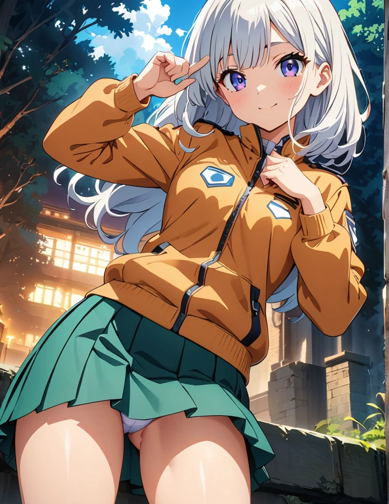 (anime artwork, anime style, studio anime, very detailed, up to date, vibrant, Anime Coloring, high contrast, masterpiece:1.2, best quality, best aesthetics),army suit, pleated skirt, Medium chest, A glimpse of thighs,random hair, One eye is hidden by the bangs, perfect proportions, high detail skin, Cute, detailed faces,forest, precise fingers,panty shot ,roll over,supine pose