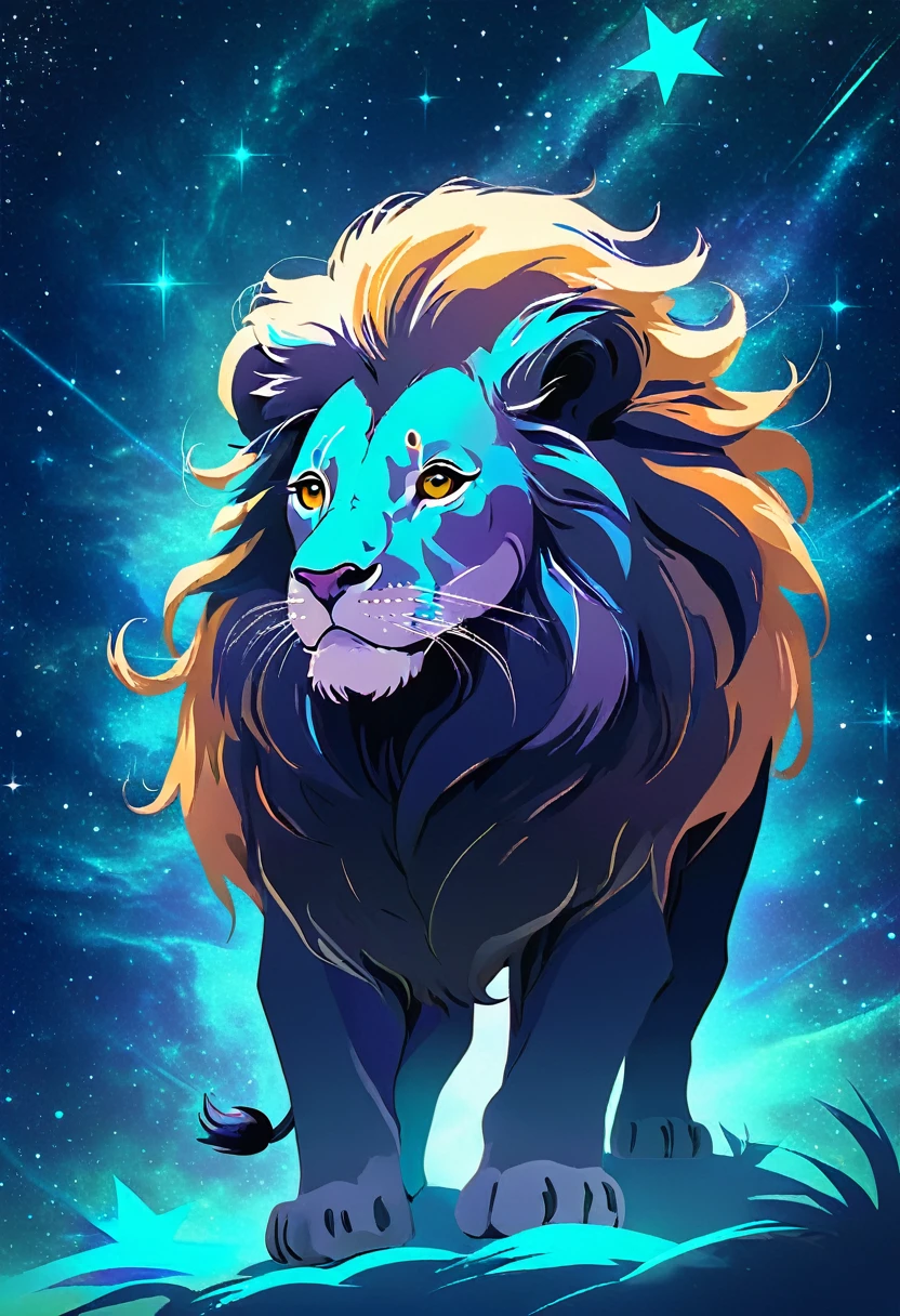 a lion silhouette composed by bright stars. Cosmic background