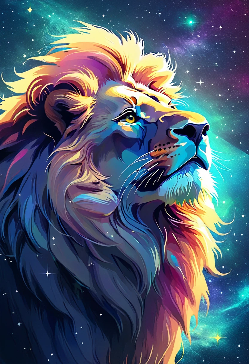 a lion silhouette composed by bright stars. Cosmic background