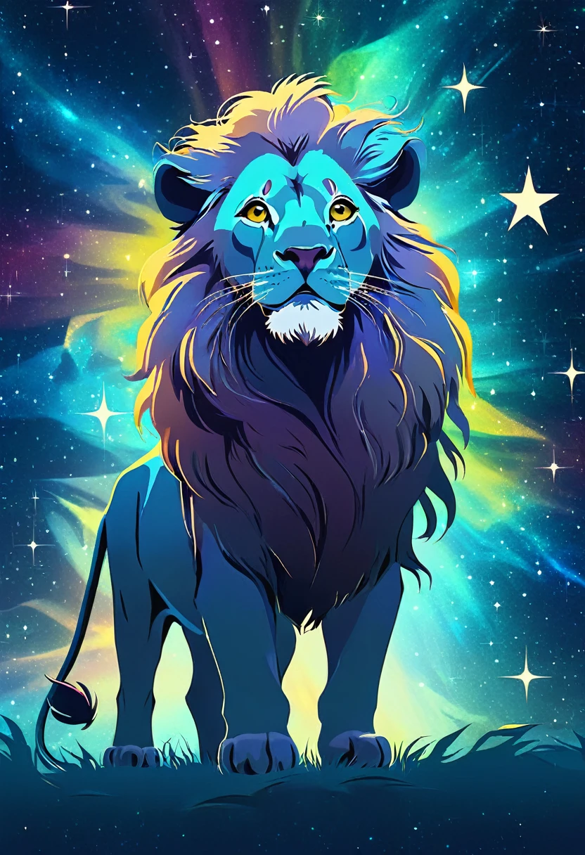 a lion silhouette composed by bright stars. Cosmic background