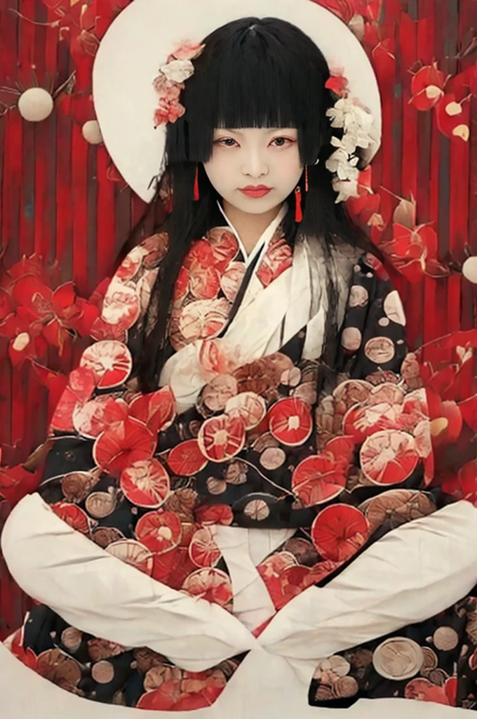 (masterpiece:1.2), Highest quality,Pixiv,
Black Hair, kimono, flower柄プリント, One girl, hair ornaments, horn, Sitting, View your viewers, flower, kimono, blue eyes, hair flower, Earrings, Long Hair, Haori, jewelry, with own hands, Tassel, Wide sleeves, Red eyes, Mouth closed, Long sleeve, print kimono, black kimono, In the same way, bangs, smile