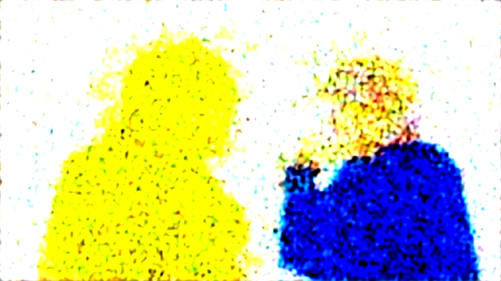 Ume age man dressed in a blue sweatshirt eating a snack talking to a teenboy in a yellow sweatshirt drinking a soda