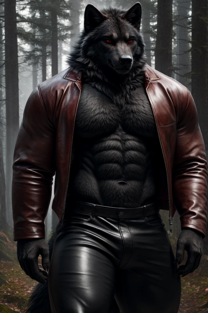 (full body shot), (realistic style), (furry), (humanoid), male wolf, full body black fur, red eyes, perfect muscular body, and biggest muscles, biggest pecs, and biggest thighs, wearing black leather pants and red leather jacket, no shirt, realistic forest background