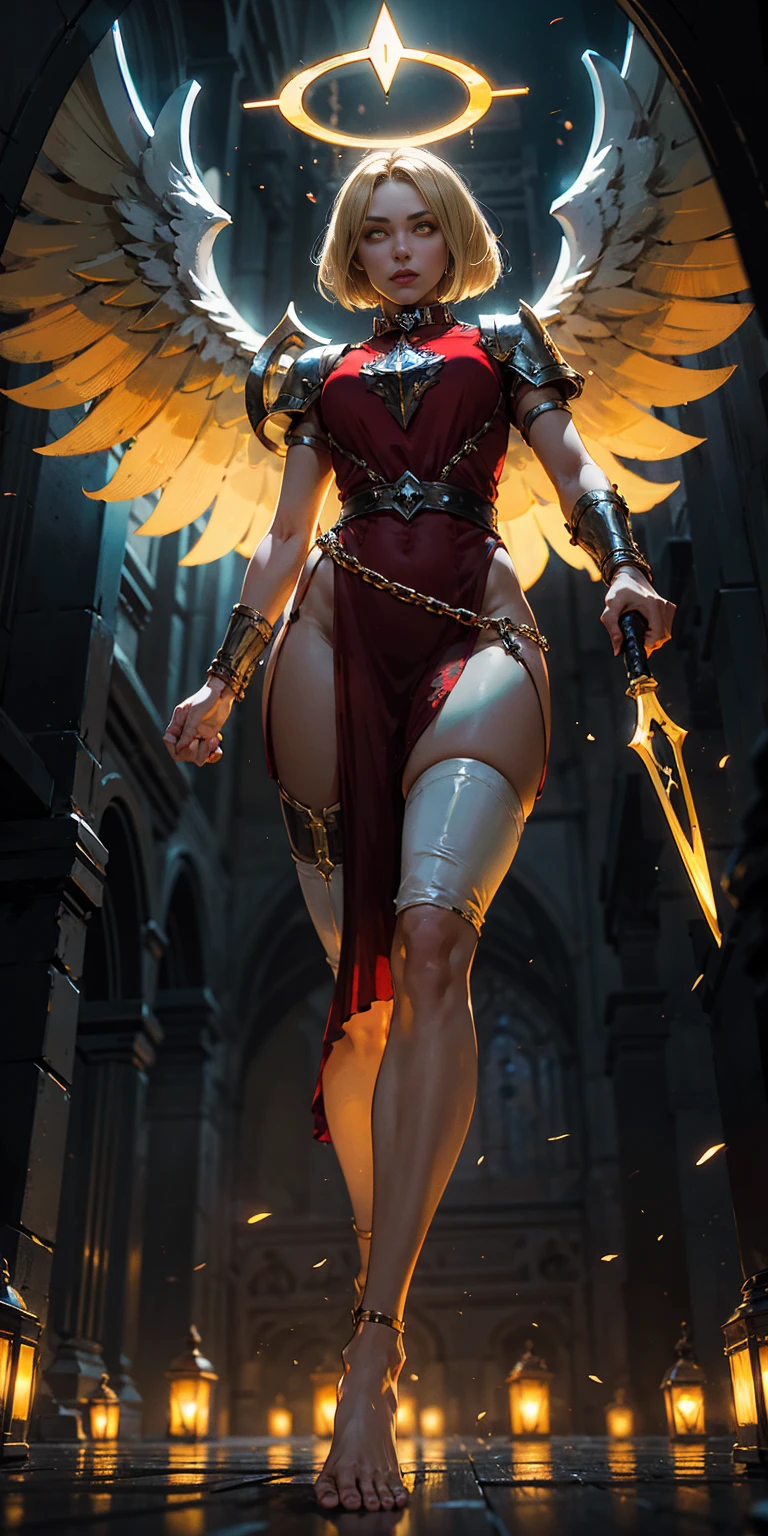 low angle, from below, paladin templar lady in white tabard, legwear, glowing yellow eyes, collar, golden chainmail, wide hips, barefoot, angel wings, pauldrons, halo, bob cut, blonde, eye focus, red cape, temple indoors, decorations, stained glass windows, night, particles, chromatic aberration, detailed, cinematic, dark scene, fantasy