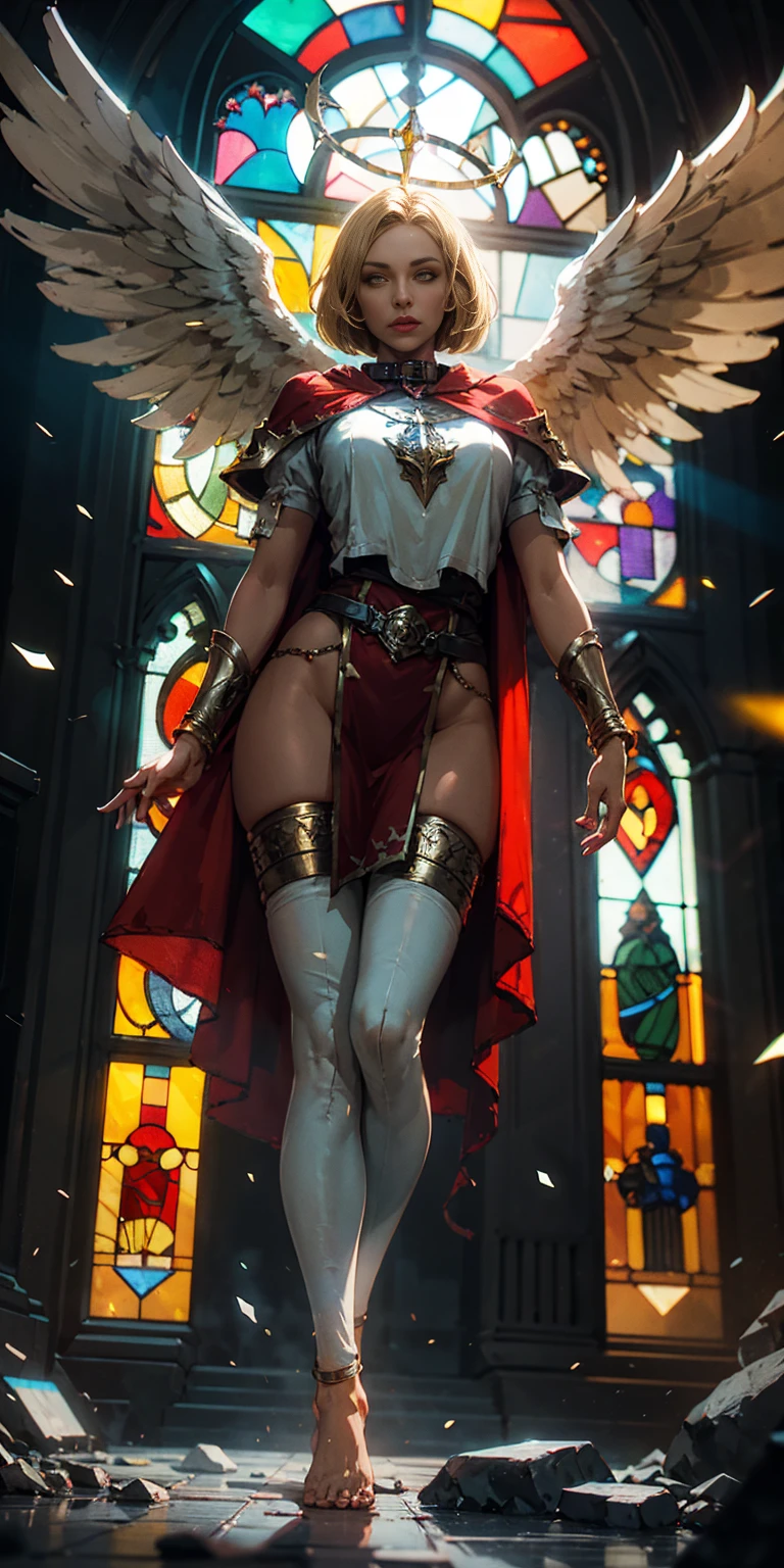 low angle, from below, paladin templar lady in white tabard, legwear, glowing yellow eyes, collar, golden chainmail, wide hips, barefoot, angel wings, pauldrons, halo, bob cut, blonde, eye focus, red cape, temple indoors, decorations, stained glass windows, night, particles, chromatic aberration, detailed, cinematic, dark scene, fantasy