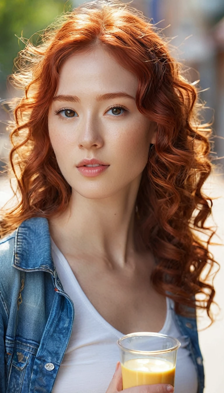 ((Realistic lighting, Best quality, 8K, Masterpiece: 1.3)), Clear focus: 1.2, 1girl, Perfect body beauty: 1.4, Slim abs: 1.1, ((Red hair, Milk: 1.3)), cowgirl pose, (Outdoor, daytime: 1.1), country street, super fine face, fine eyes, double eyelids, curly hair, fair skin, asian