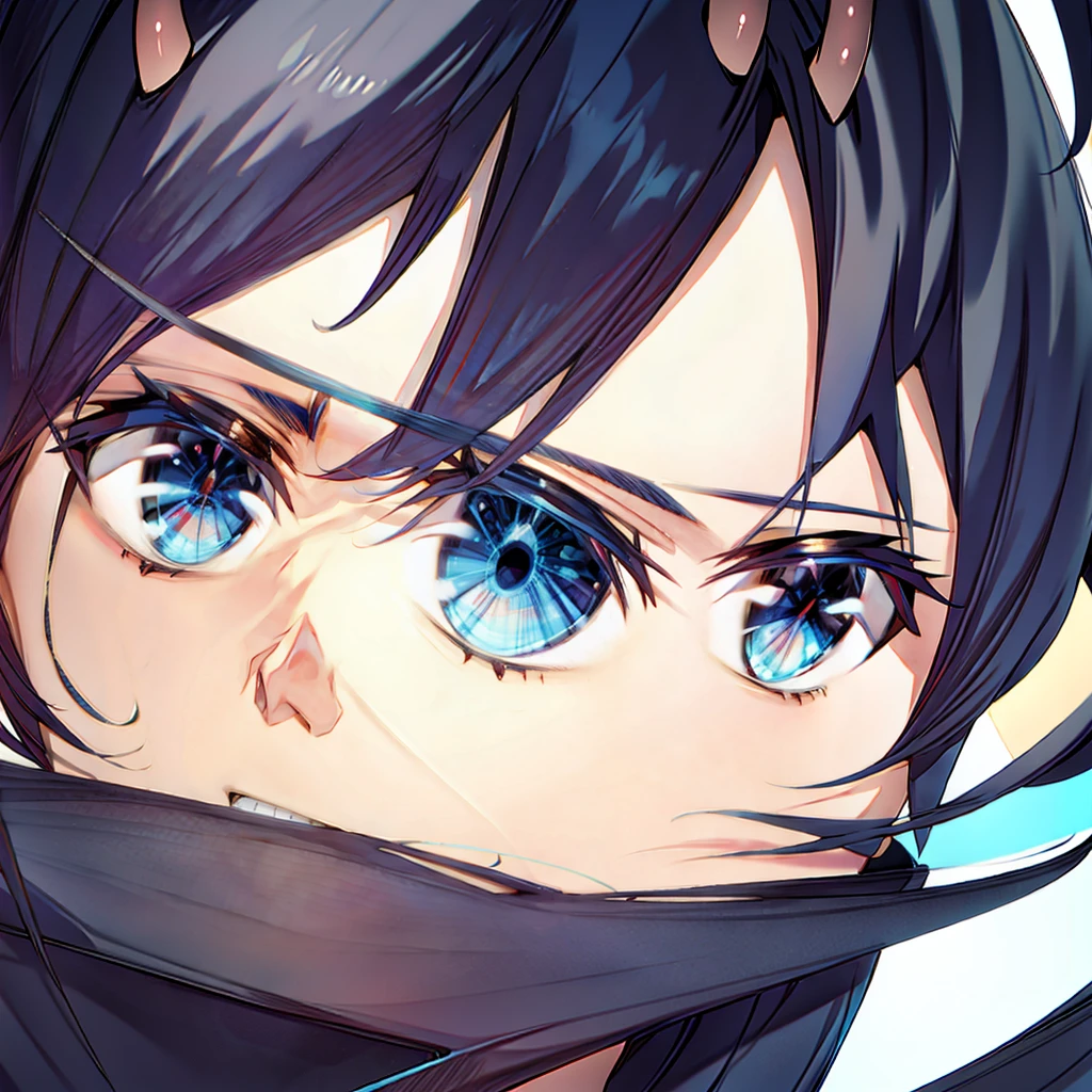 Anime boy, (portrait shoot), Blue eyes, medium length black hair, short blue horns on the head, looking at camera,