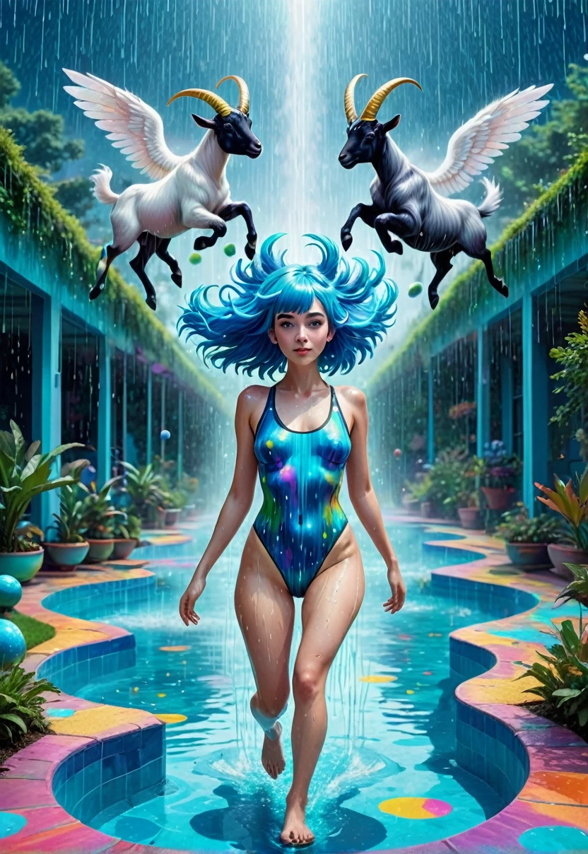Blue haired woman, a little body fat, walking on planet earth in the shape of a swimming pool, 8k, psychedelia, rain of angels falling from the sky, black goats running
