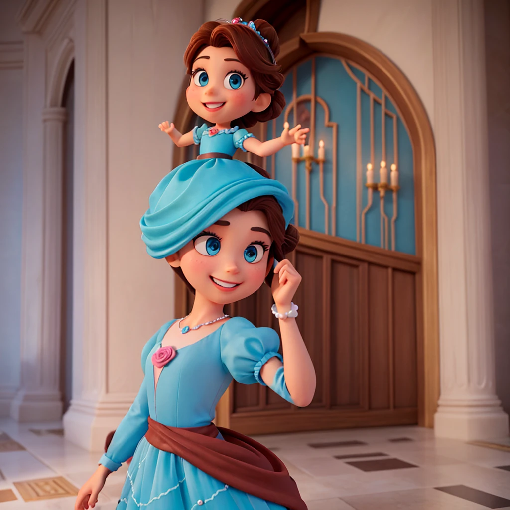 Affiche 3D inspirée de Disney Pixar, Une femme élégante,princesse, yeux bleue , cheveux marron foncé en chignon , sourire heureux, En robe de princesse rose , elle est dans un chateau majestueux