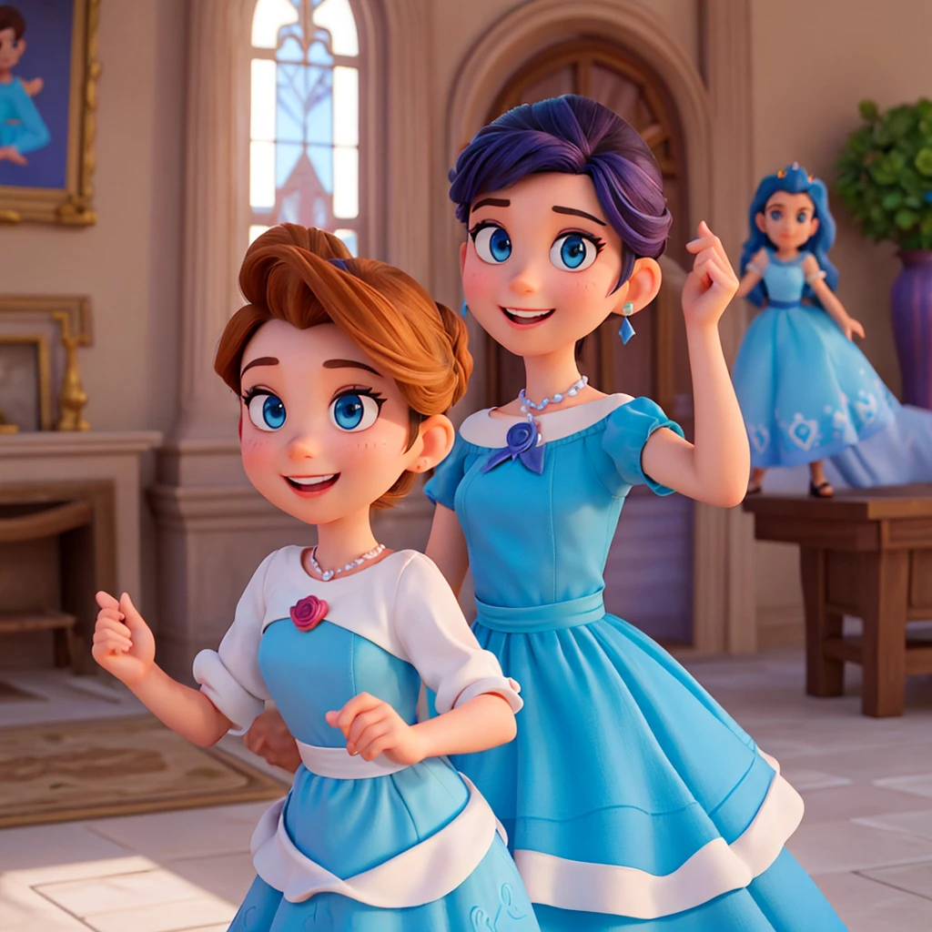 Affiche 3D inspirée de Disney Pixar, Une femme élégante,princesse, yeux bleue , cheveux marron foncé en chignon , sourire heureux, En robe de princesse rose , elle est dans un chateau majestueux
