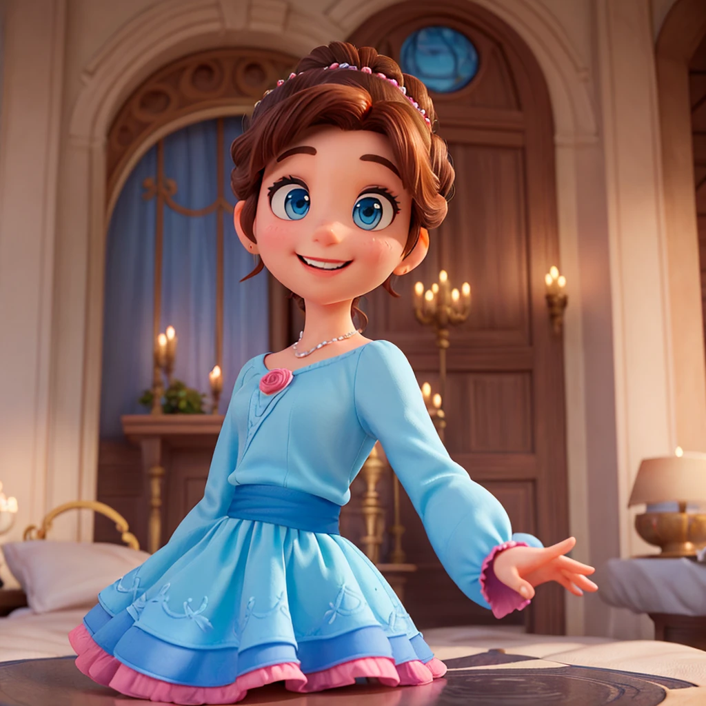 Affiche 3D inspirée de Disney Pixar, Une femme élégante,princesse, yeux bleue , cheveux marron foncé en chignon , sourire heureux, En robe de princesse rose , elle est dans un chateau majestueux