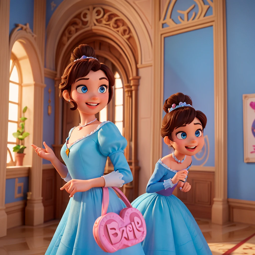 Affiche 3D inspirée de Disney Pixar, Une femme élégante,princesse, yeux bleue , cheveux marron foncé en chignon , sourire heureux, En robe de princesse rose , elle est dans un chateau majestueux