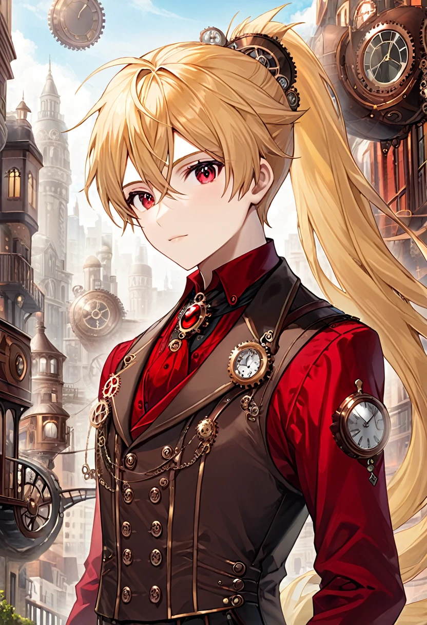 One young boy half-elf, red ruby eyes, beautiful face like girl, Long Ponytail blonde hair, in steampunk suit. City background.