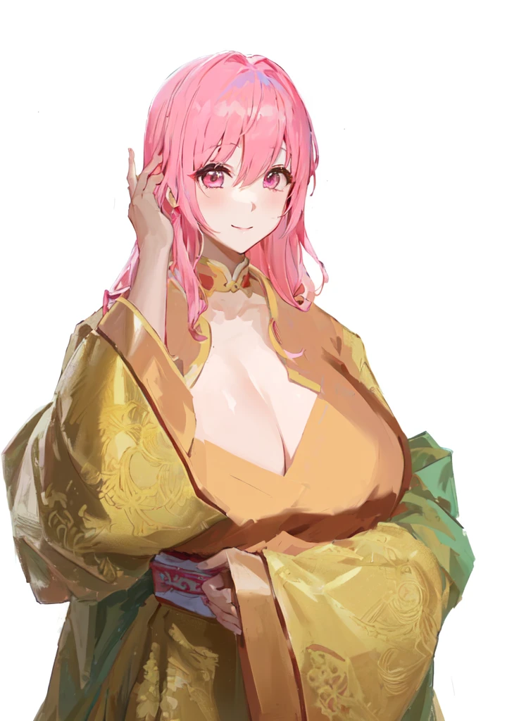 Wearing a robe、Pink Hair的动漫女孩, Produced in collaboration with Anime Painter Studio, Thickness, OPPEIN, Sakura Haruno, Si Tu Shi, In the anime painter studio, Hillabi, Goto Indian Summer, ((Wearing noble robes)), Flower shape, OPPEIN proportions, Break, 3/4 Break,Three Kingdoms,Dynasty Warriors,big boods,huge ,Pink Hair,Pink Eyes,Hanfu,Chinese style and ancient style,Smile,Hands playing with hair,Silk clothes,Noble girl,Good shape,sex body