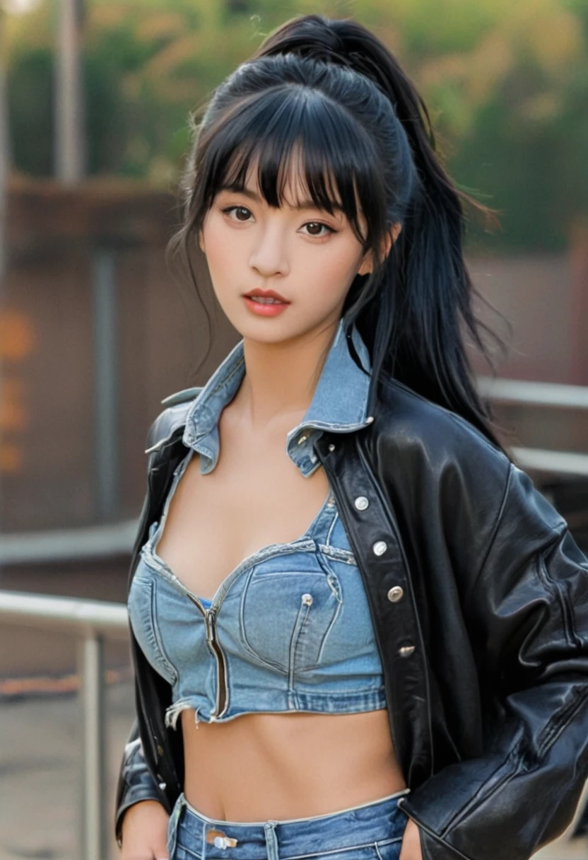 bellissima 1girl, solo, long hair, looking at viewer, black hair, double bun, bangs, open shirt, denim short, square shirt, leather jackets, zipper, cowboy shot