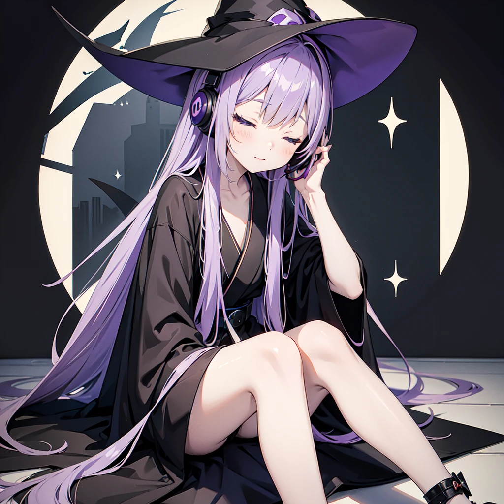 1 person. Anime girl with long purple hair and black robe. Pointy ears. Cute as in manga. Sitting  with eyes closed. Headphones. Witch hat on the ground. Clothes inside are white.