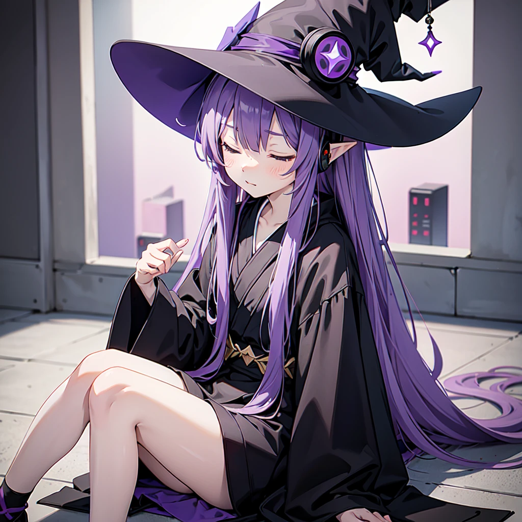 1 person. Anime girl with long purple hair and black robe. Pointy ears. Cute as in manga. Sitting  with eyes closed. Headphones. Witch hat on the ground. Clothes inside are white.