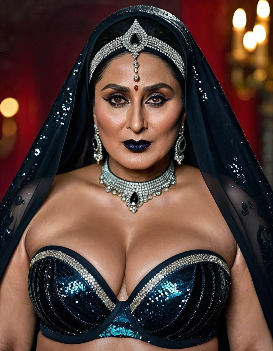 Looks like Kareena Kapoor, Big chubby aunty, milf, cougar lady witch, horny Gothic milf,  70 years old gorgeous mature lady, pervert demoness, demoness of lust, curvy, black lips, horny face, extremely gorgeous, thick figure, heavy physique, voluptuous, curvy, sexy figure, Fashionable portrait of androgynous alien looking witch wearing veil, glowing eyes, futuristic design, minimal details, givenchy, photoreal, 200mm, hd, f/ 2.0, highly detailed, surreal, sexy beautiful evil woman, sexy bold sequin Saree with strapless Bra, chudail, Pishachini, horror genre, blood-thirsty enchantress, powerful female spirit, eerie, drop dead, in the style of red and blue, (intricate details, hyperdetailed:1.15) (skin texture:1.2), dark Moody tone, cinematic lighting, haunted place in background, 