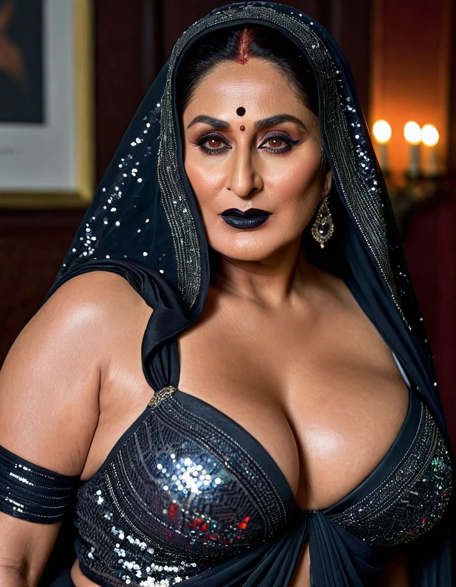 Looks like Kareena Kapoor, Big chubby aunty, milf, cougar lady witch, horny Gothic milf, 70 years old gorgeous mature lady, pervert demoness, demoness of lust, curvy, black lips, horny face, extremely gorgeous, thick figure, heavy physique, voluptuous, curvy, sexy figure, Fashionable portrait of androgynous alien looking witch wearing veil, glowing eyes, futuristic design, minimal details, givenchy, photoreal, 200mm, hd, f/ 2.0, highly detailed, surreal, sexy beautiful evil woman, sexy bold sequin Saree with strapless Bra, chudail, Pishachini, horror genre, blood-thirsty enchantress, powerful female spirit, eerie, drop dead, in the style of red and blue, (intricate details, hyperdetailed:1.15) (skin texture:1.2), dark Moody tone, cinematic lighting, haunted place in background,