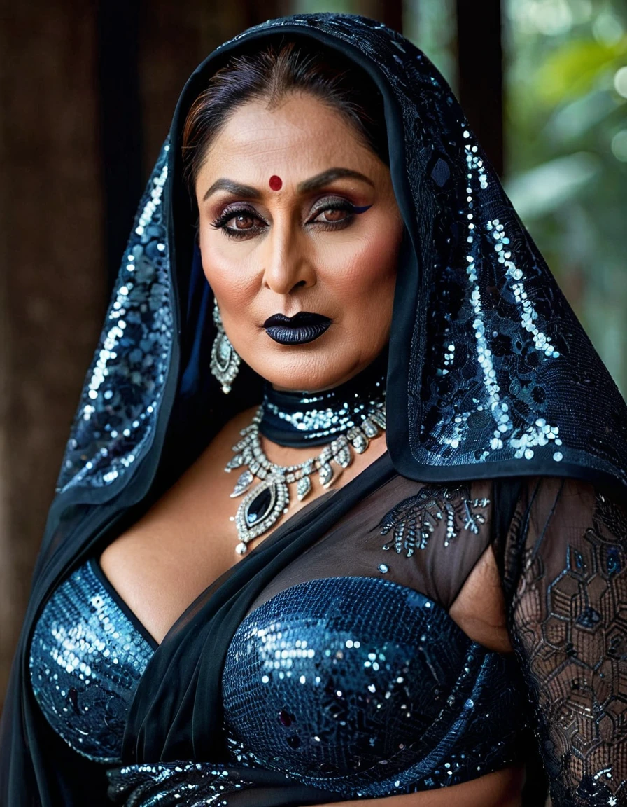 Looks like Kareena Kapoor, Big chubby aunty, milf, cougar lady witch, horny Gothic milf,  70 years old gorgeous mature lady, pervert demoness, demoness of lust, curvy, black lips, horny face, extremely gorgeous, thick figure, heavy physique, voluptuous, curvy, sexy figure, Fashionable portrait of androgynous alien looking witch wearing veil, glowing eyes, futuristic design, minimal details, givenchy, photoreal, 200mm, hd, f/ 2.0, highly detailed, surreal, sexy beautiful evil woman, sexy bold sequin Saree with strapless Bra, chudail, Pishachini, horror genre, blood-thirsty enchantress, powerful female spirit, eerie, drop dead, in the style of red and blue, (intricate details, hyperdetailed:1.15) (skin texture:1.2), dark Moody tone, cinematic lighting, haunted place in background, 