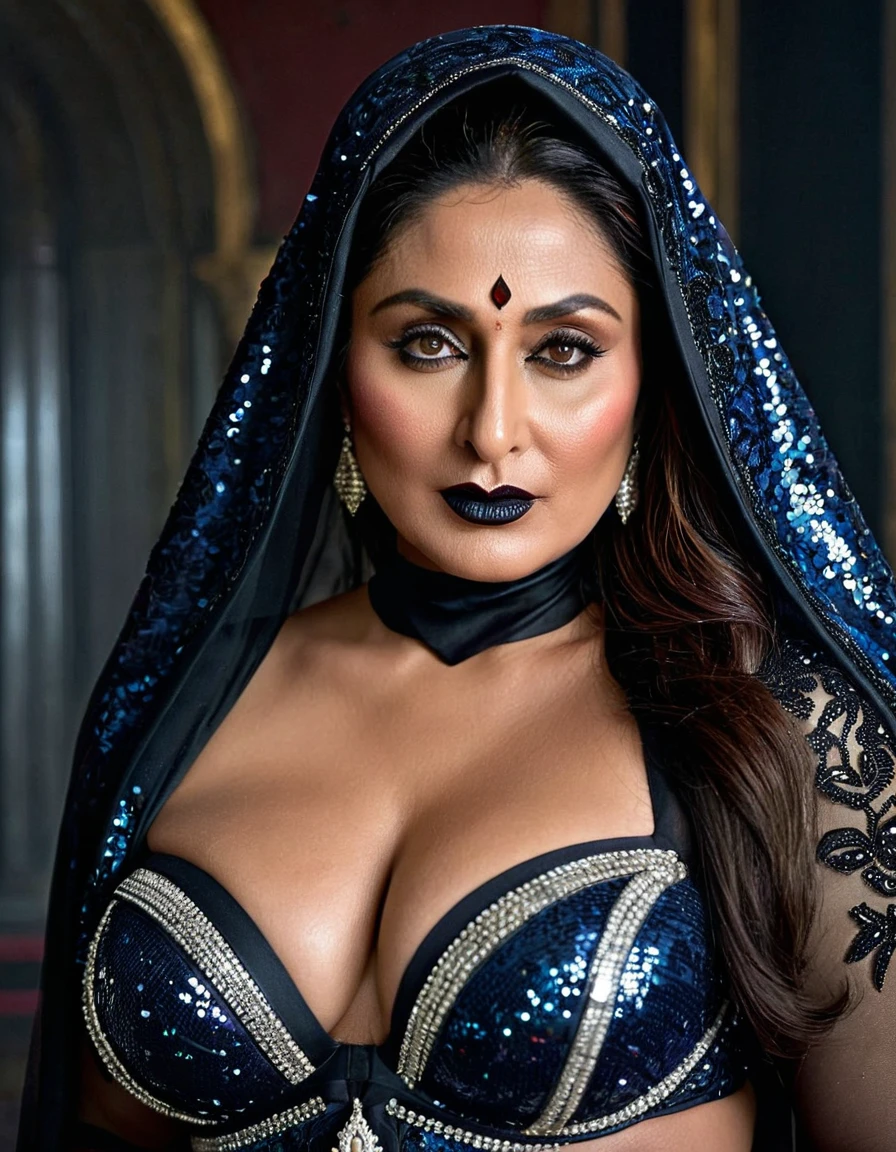 Looks like Kareena Kapoor, Big chubby aunty, milf, cougar lady witch, horny Gothic milf, 70 years old gorgeous mature lady, pervert demoness, demoness of lust, curvy, black lips, horny face, extremely gorgeous, thick figure, heavy physique, voluptuous, curvy, sexy figure, Fashionable portrait of androgynous alien looking witch wearing veil, glowing eyes, futuristic design, minimal details, givenchy, photoreal, 200mm, hd, f/ 2.0, highly detailed, surreal, sexy beautiful evil woman, sexy bold sequin Saree with strapless Bra, chudail, Pishachini, horror genre, blood-thirsty enchantress, powerful female spirit, eerie, drop dead, in the style of red and blue, (intricate details, hyperdetailed:1.15) (skin texture:1.2), dark Moody tone, cinematic lighting, haunted place in background,