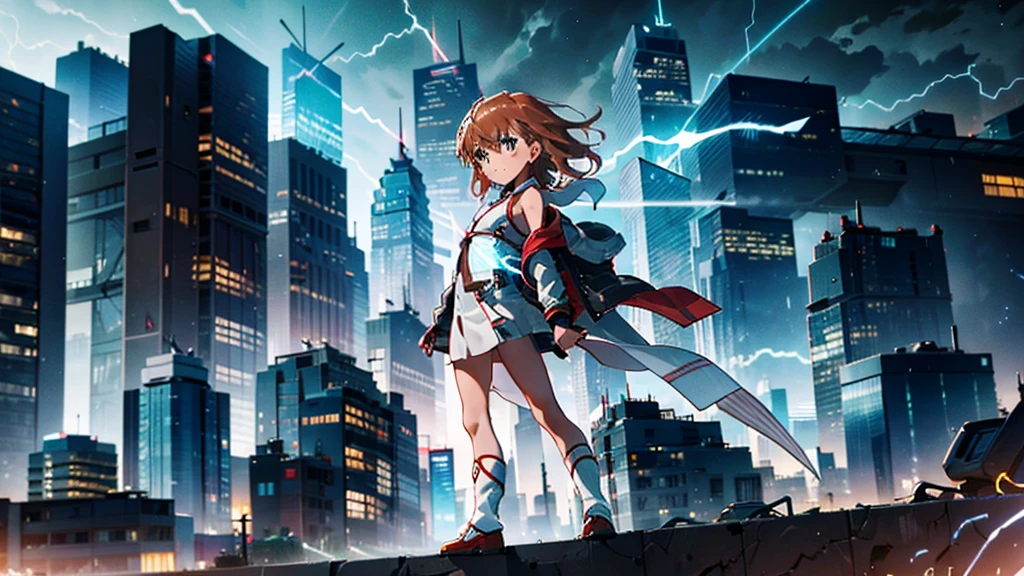 masterpiece, best quality,1girl, solo, ,misaka mikoto, standing,Urban, City,skyscrapers,  Thunder Bolts, Flashing, Glowing,  Dynamic, Dramatic,  Nighttime,  Impressive, 