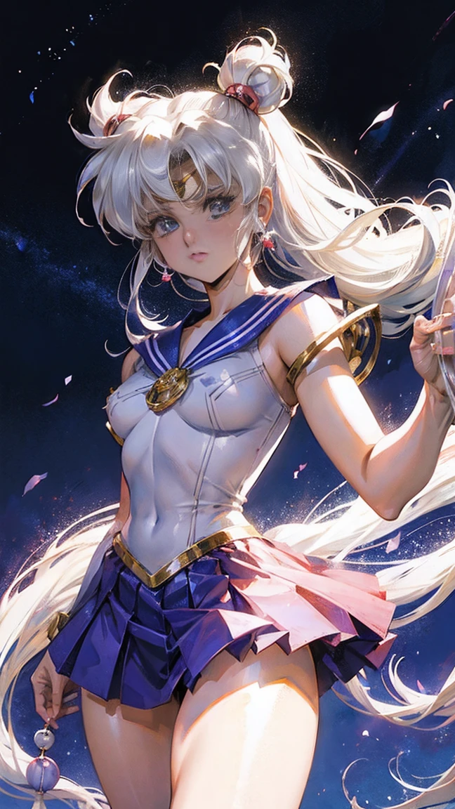 Beautiful warrior girl Sailor Moon, Usagi Tsukino, Shine,shine, Clividge, odango and long hair tails, White hair, ultra-detailed, dynamic pose, 